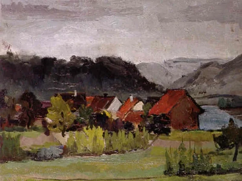 1886-Emma Streit - Emmy Streit - Spätsommerliche Landschaft mit Dorf, Teich und hügeligem Hintergrund